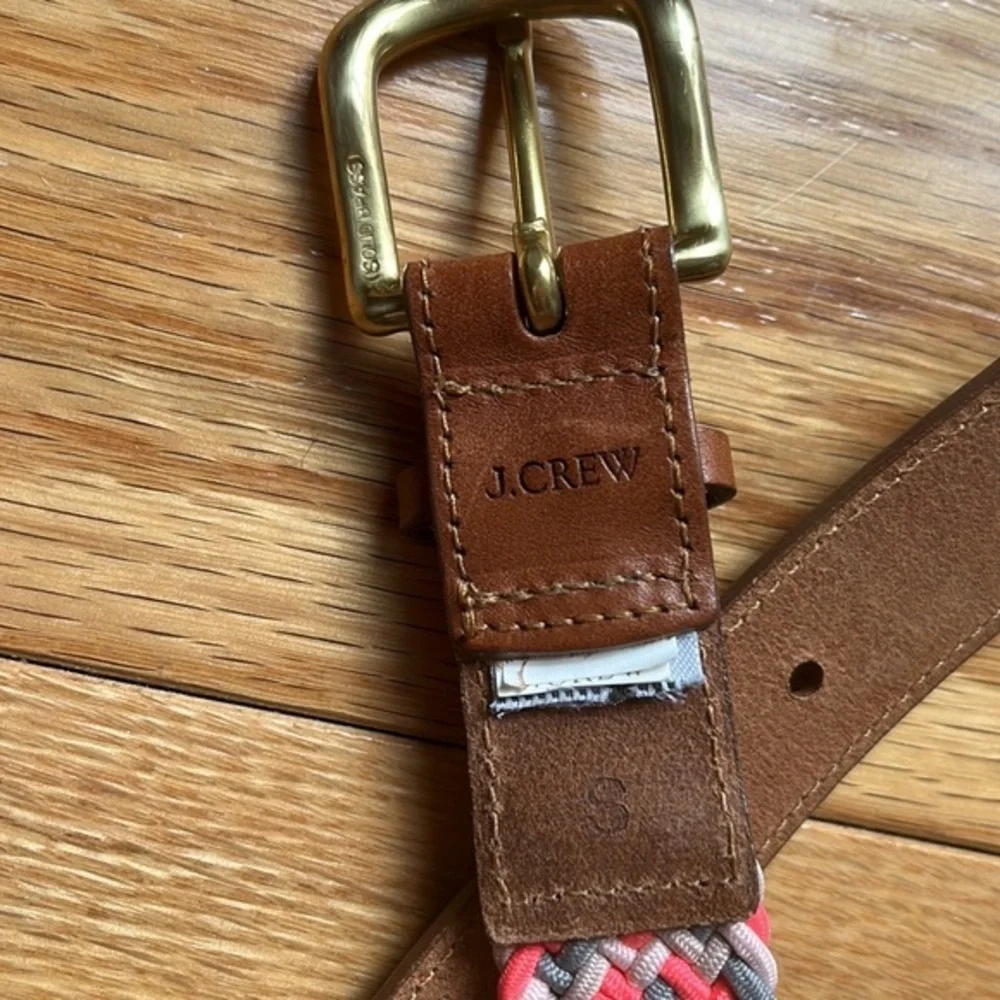 J. Crew Tan Leather Pink & Gray Woven belt Small